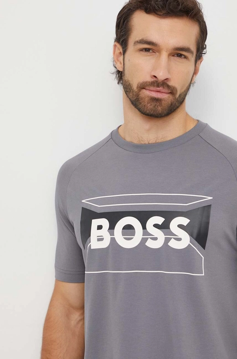 BOSS Green tricou din bumbac bărbați, culoarea gri, cu imprimeu 50514527