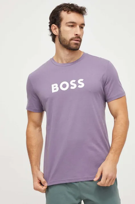Bavlnené tričko BOSS pánsky, fialová farba, s potlačou