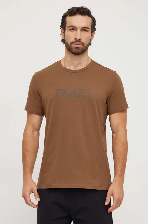 Bombažna kratka majica BOSS moški, rjava barva