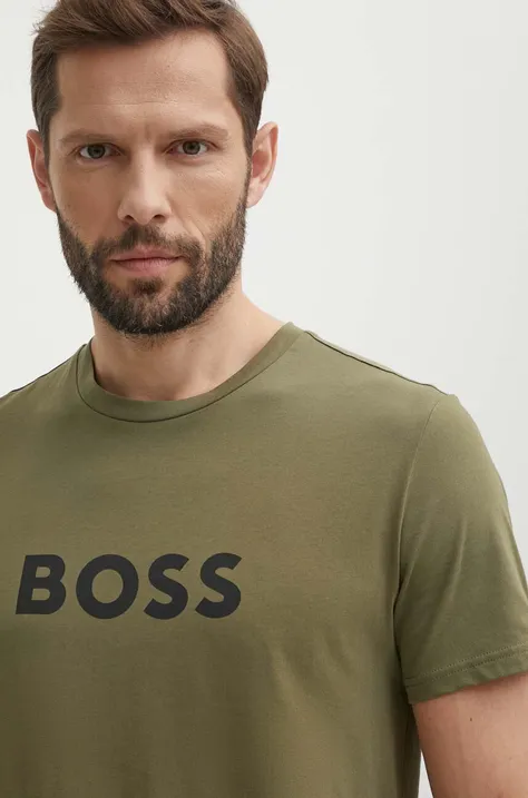 Хлопковая футболка BOSS мужской цвет зелёный с принтом