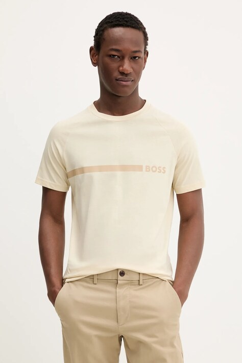 BOSS tricou din bumbac bărbați, culoarea bej, cu imprimeu, 50517970