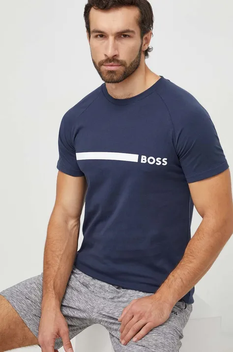 Хлопковая футболка BOSS мужской цвет синий с принтом