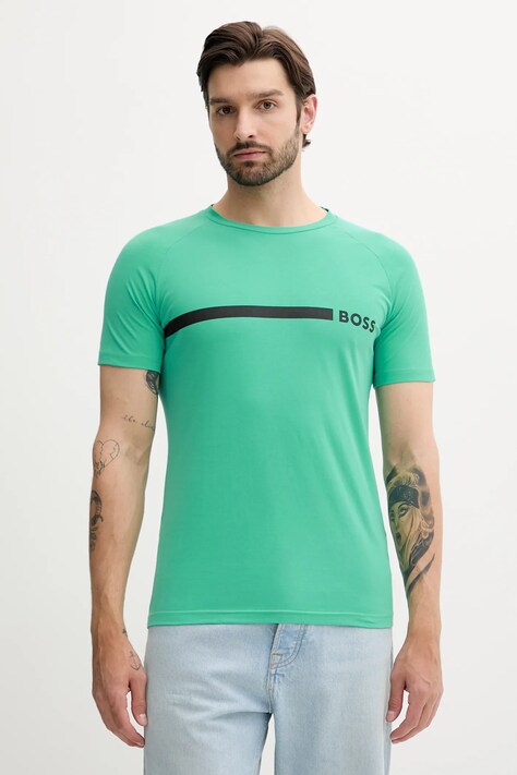 BOSS tricou din bumbac bărbați, culoarea turcoaz, cu imprimeu, 50517970