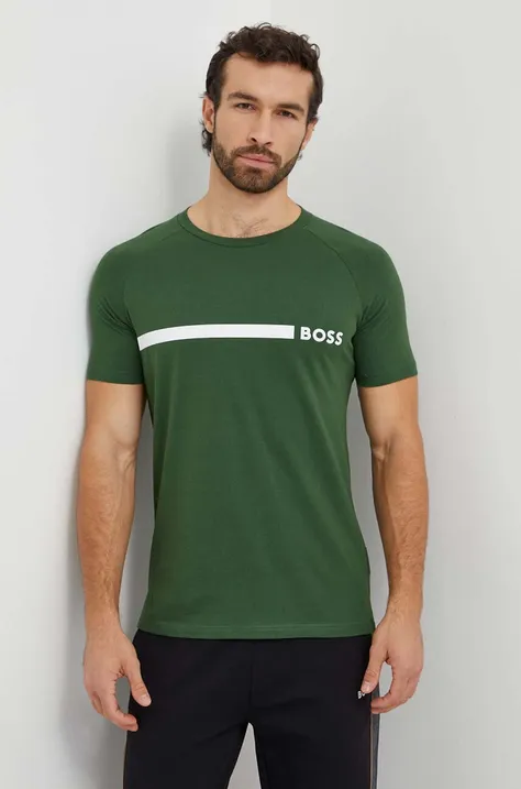 Bombažna kratka majica BOSS moški, zelena barva