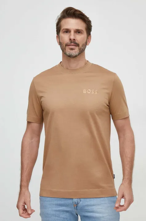 Хлопковая футболка BOSS мужской цвет бежевый однотонный