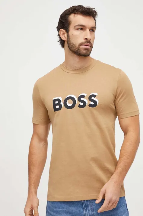 Хлопковая футболка BOSS мужской цвет бежевый с принтом