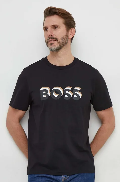 Pamučna majica BOSS za muškarce, boja: crna, s tiskom