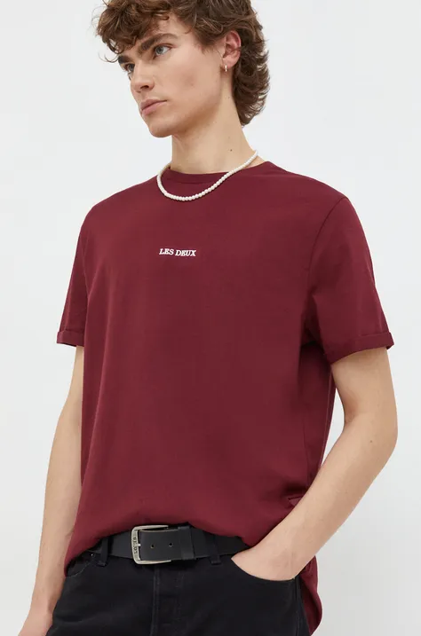 Bavlnené tričko Les Deux pánsky, bordová farba, s potlačou