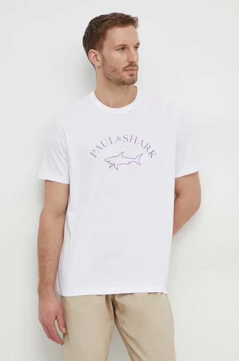 Bavlnené tričko Paul&Shark pánsky, biela farba, s potlačou, 24411057