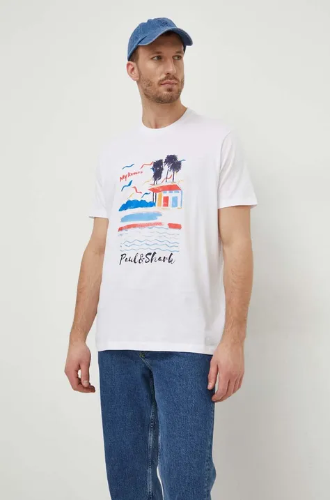 Бавовняна футболка Paul&Shark чоловічий колір білий з принтом