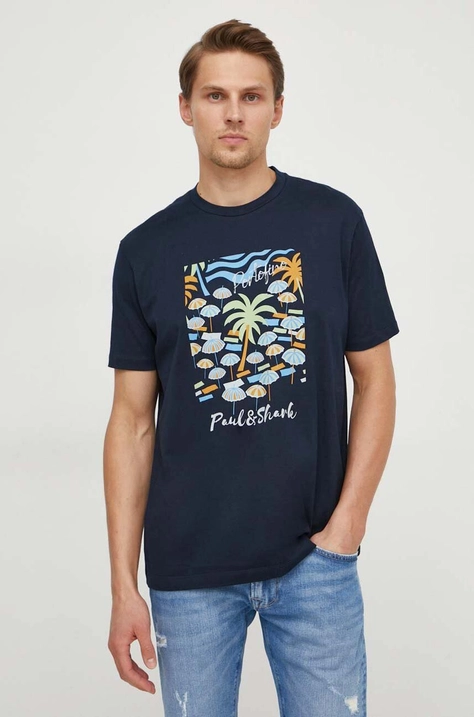 Paul&Shark t-shirt bawełniany męski kolor granatowy z nadrukiem 24411110