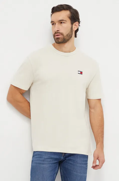 Pamučna majica Tommy Jeans za muškarce, boja: bež, s aplikacijom