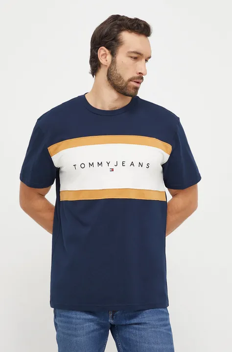 Pamučna majica Tommy Jeans za muškarce, boja: tamno plava, s uzorkom
