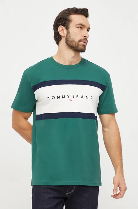 Pamučna majica Tommy Jeans za muškarce, boja: zelena, s uzorkom, DM0DM18427