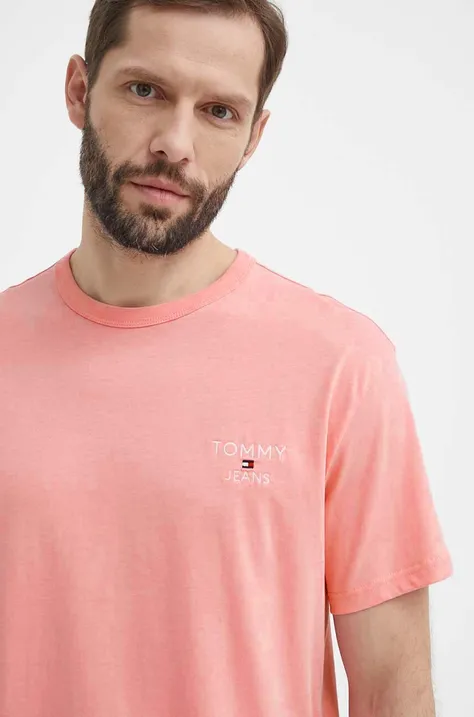 Βαμβακερό μπλουζάκι Tommy Jeans ανδρικά, χρώμα: ροζ
