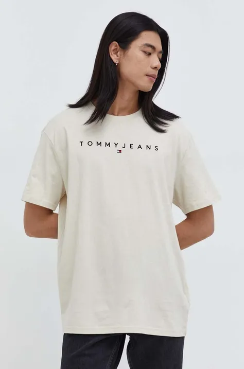 Tommy Jeans t-shirt bawełniany męski kolor beżowy z aplikacją