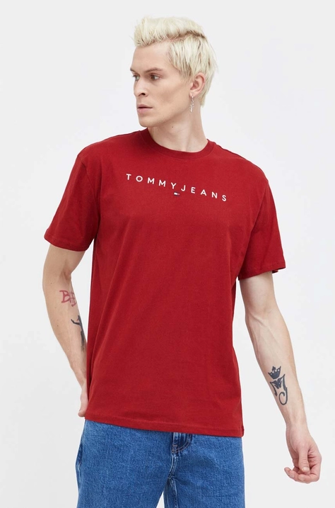 Bavlněné tričko Tommy Jeans vínová barva, s aplikací