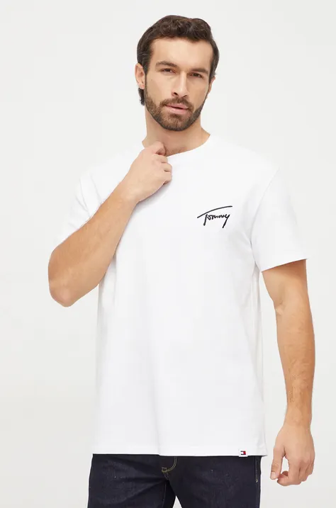 Bavlnené tričko Tommy Jeans pánsky,biela farba,s nášivkou,DM0DM17994