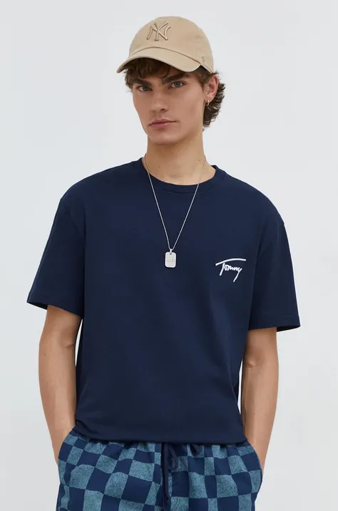 Pamučna majica Tommy Jeans za muškarce, boja: tamno plava, s aplikacijom