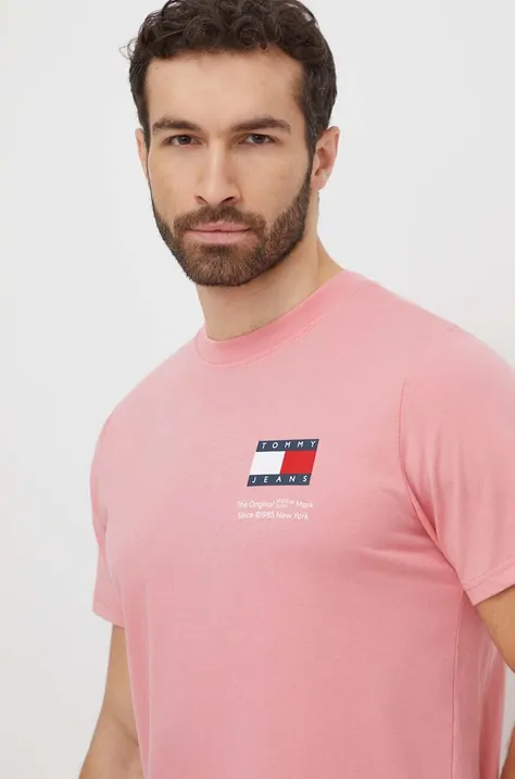 Хлопковая футболка Tommy Jeans мужской цвет розовый с принтом