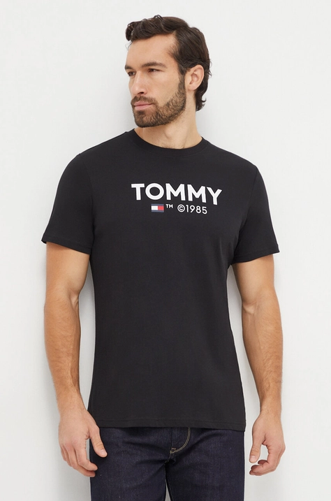 Tommy Jeans pamut póló fekete, férfi, nyomott mintás