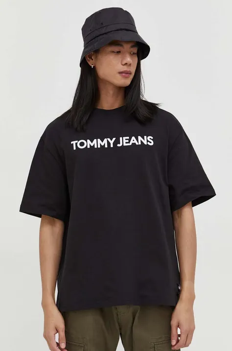 Bavlnené tričko Tommy Jeans pánsky, čierna farba, s potlačou