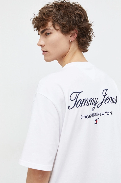 Tommy Jeans tricou din bumbac bărbați, culoarea alb, cu imprimeu DM0DM18273