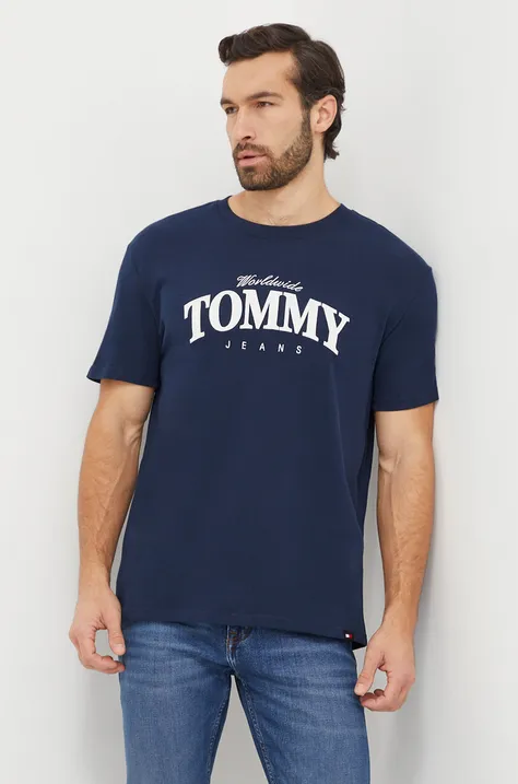 Bavlnené tričko Tommy Jeans pánsky, tmavomodrá farba, s potlačou, DM0DM18274