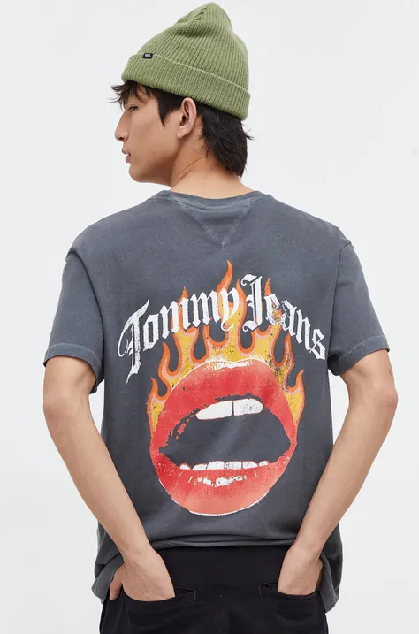 Bombažna kratka majica Tommy Jeans moški, siva barva