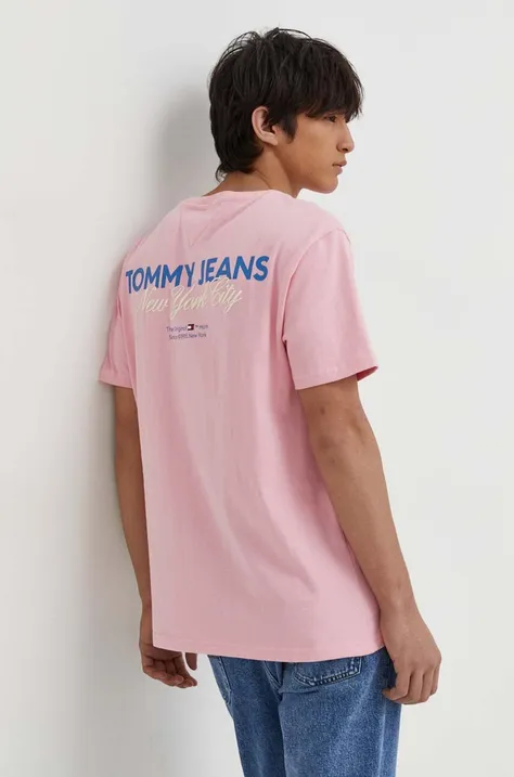 Pamučna majica Tommy Jeans za muškarce, boja: ružičasta, s tiskom