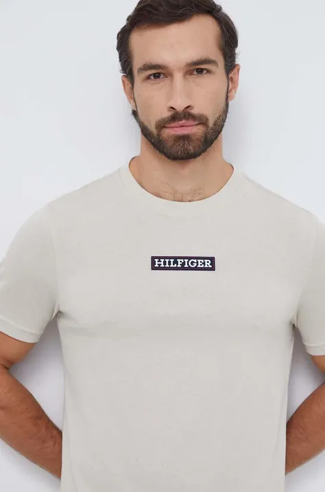 Tommy Hilfiger t-shirt męski kolor beżowy z aplikacją