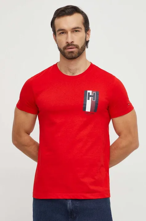 Bombažna kratka majica Tommy Hilfiger moški, rdeča barva