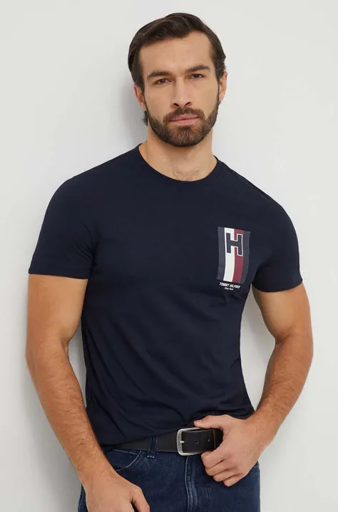 Tommy Hilfiger tricou din bumbac bărbați, culoarea bleumarin, cu imprimeu MW0MW33687