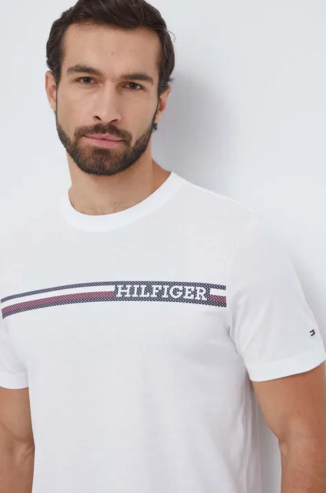 Bavlnené tričko Tommy Hilfiger pánsky, biela farba, s potlačou