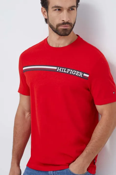 Pamučna majica Tommy Hilfiger za muškarce, boja: crvena, s tiskom