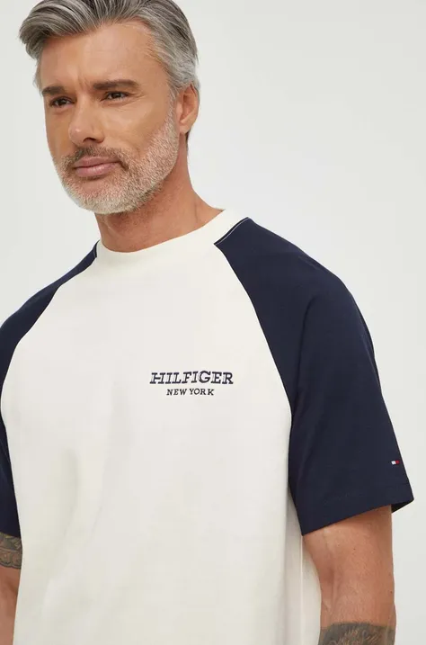 Bavlnené tričko Tommy Hilfiger pánsky, béžová farba, vzorovaný