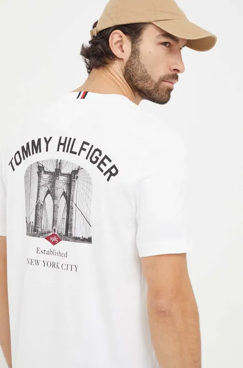 Bavlnené tričko Tommy Hilfiger pánsky, biela farba, s potlačou