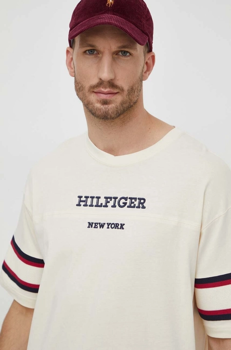 Tommy Hilfiger tricou din bumbac bărbați, culoarea bej, cu imprimeu MW0MW33698