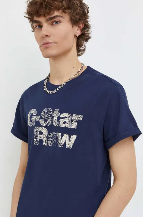 Pamučna majica G-Star Raw za muškarce, boja: tamno plava, s tiskom