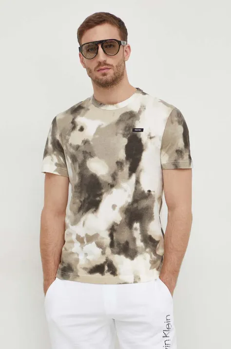 Bavlnené tričko Calvin Klein pánsky, béžová farba, vzorovaný, K10K112759