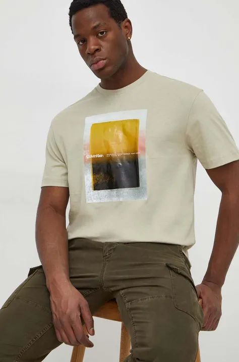 Pamučna majica Calvin Klein za muškarce, boja: bež, s tiskom