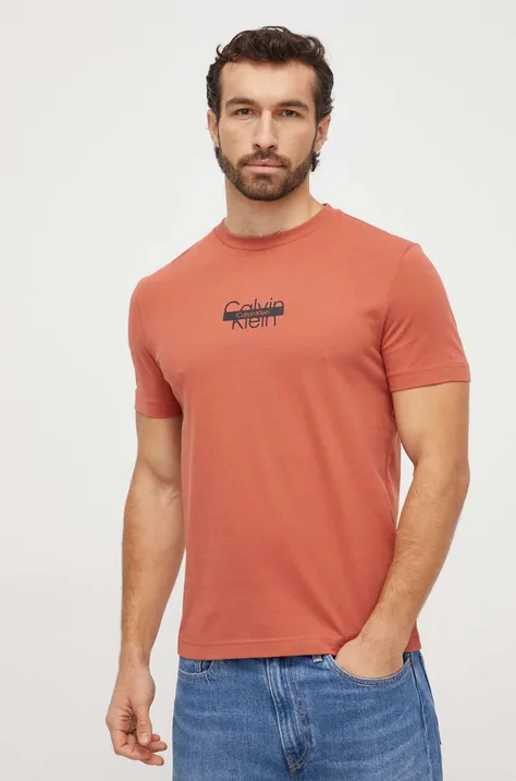 Calvin Klein pamut póló narancssárga, férfi, nyomott mintás