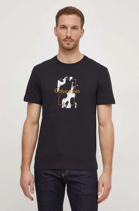 Calvin Klein pamut póló fekete, férfi, nyomott mintás