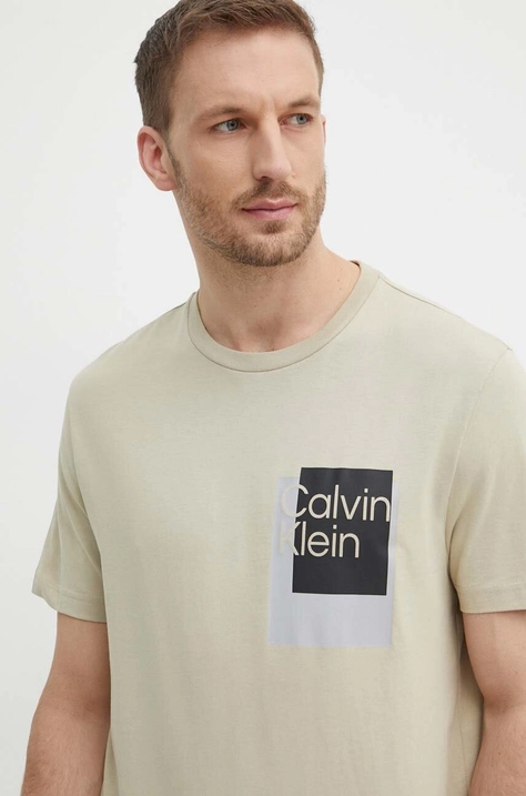 Bavlnené tričko Calvin Klein pánsky,béžová farba,s potlačou,K10K112402