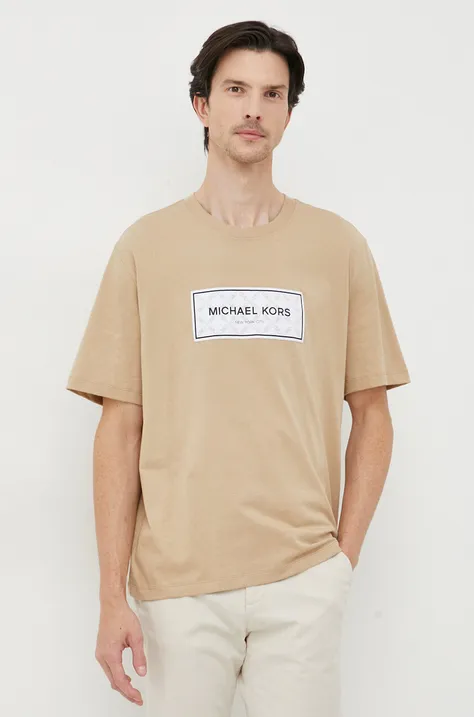 Хлопковая футболка Michael Kors мужской цвет бежевый с аппликацией