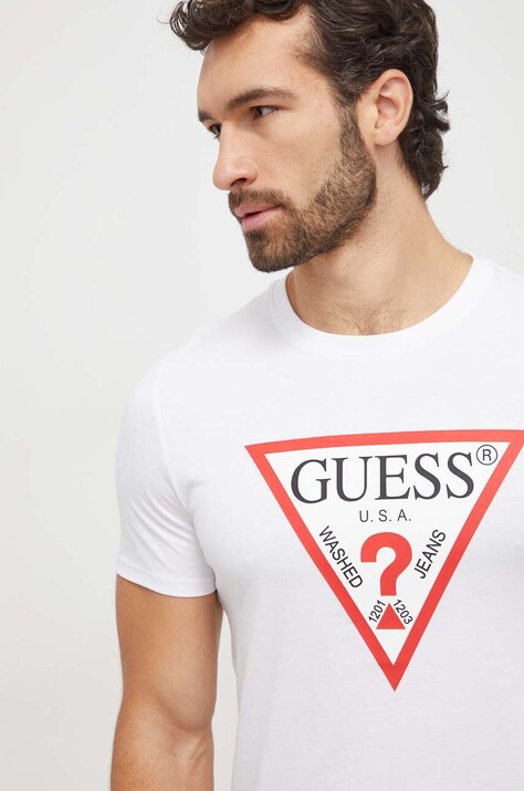 Хлопковая футболка Guess мужской цвет белый с принтом