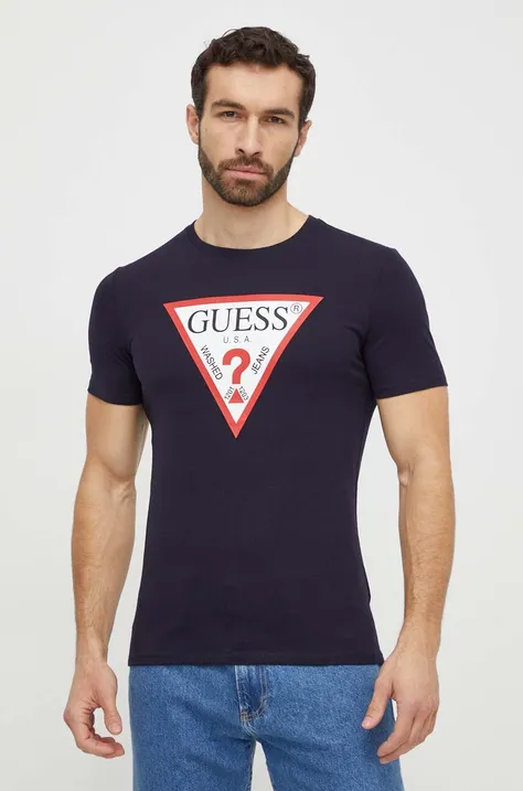Pamučna majica Guess za muškarce, boja: tamno plava, s tiskom