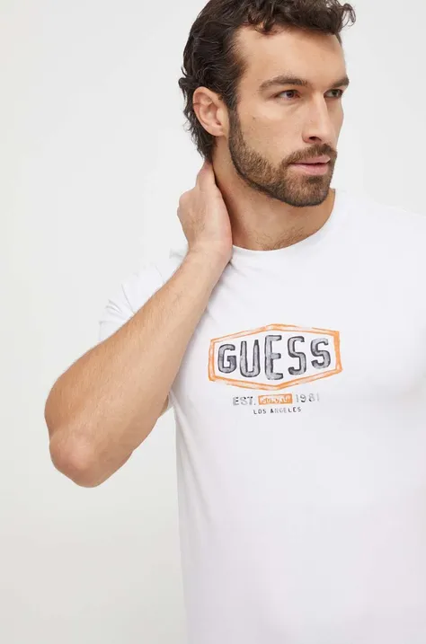 Bombažna kratka majica Guess moški, bela barva