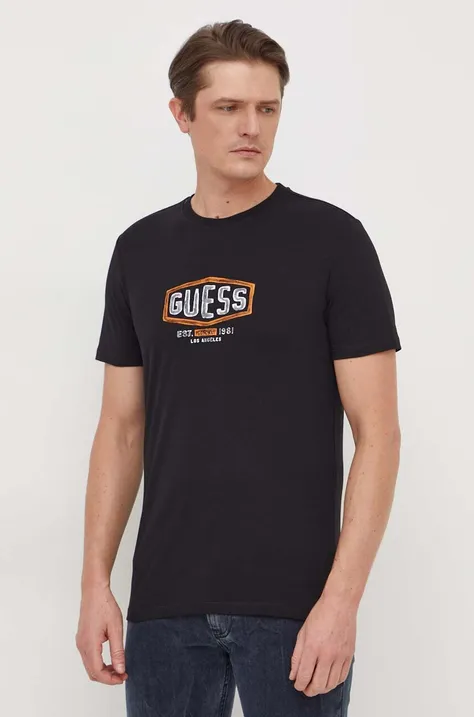 Хлопковая футболка Guess мужской цвет чёрный с принтом