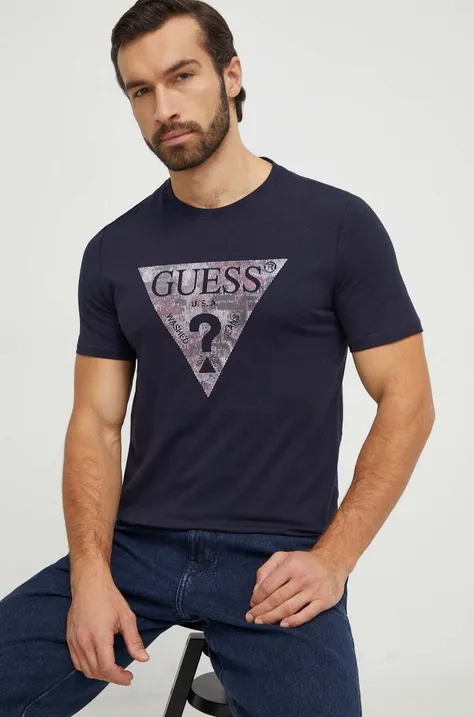 Majica kratkih rukava Guess za muškarce, boja: tamno plava, s tiskom